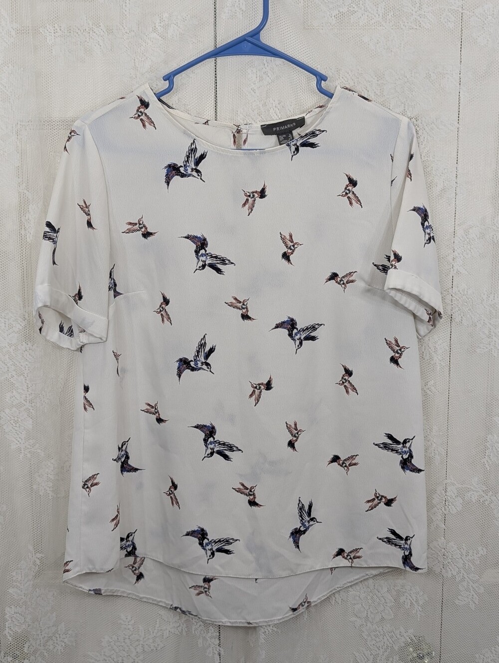 Primark: Short Sleeve Blouse White/Birds - Size 8 US Women